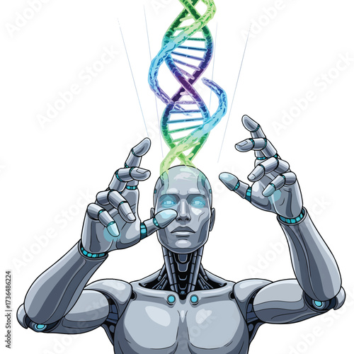 Futuristic Humanoid Robot Studying Holographic DNA