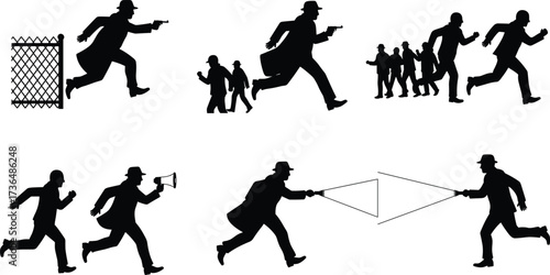 PrintSilhouette of detectives chasing suspects with gun, flashlight, megaphone, teamwork pursuit, law enforcement investigation, running police officers, crime prevention and security