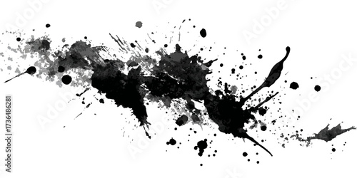 Dramatic black and gray ink splashes create a vivid scene of artistic expression and movement on a white canvas