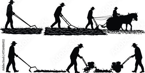 PrintSilhouette of farmers using hand tools, horse plow, and modern machines, showing agriculture evolution, farming progress, rural cultivation lifestyle