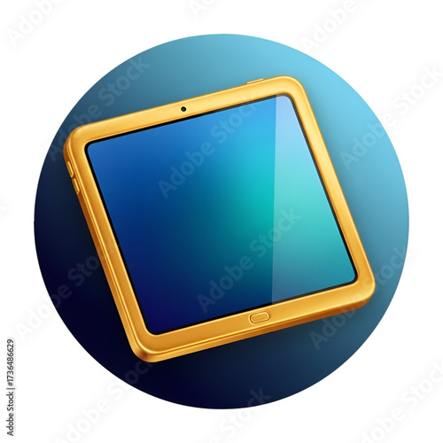 A golden tablet device with a blue screen, displayed on a circular gradient background isolated on transparent background