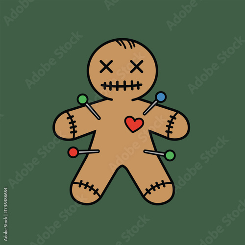 Spooky Voodoo Doll with Colorful Pins and Stitched Heart, a Creepy Halloween Symbol of Love and Magic