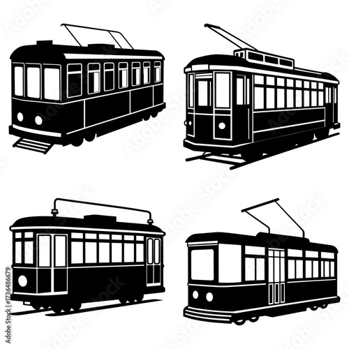 Illustration of four vintage streetcars in black and white with various designs and orientations shown here