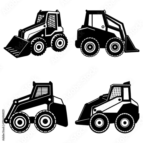 Four black and white skid steer loaders in different styles and facing different directions on a white background