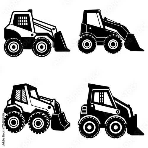 Four stylized skid steer loaders in black and white with varying cab and body designs displayed