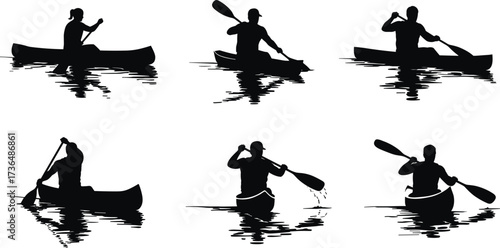 PrintSilhouette of people paddling canoe and kayak on water, outdoor adventure activity, river sport, leisure lifestyle, recreation travel and exploration
