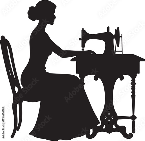 Silhouette woman sewing on antique sewing machine vector
