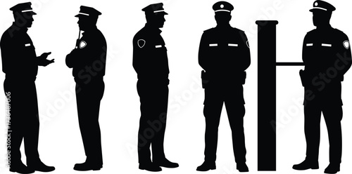 PrintSilhouette of police officers standing, talking, and guarding at security checkpoint, law enforcement teamwork, patrol duty, authority protection, public safety service