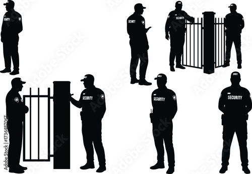 PrintSilhouette of security guard at gate, professional security officer, standing on duty, safety patrol, access control, corporate protection, guard service