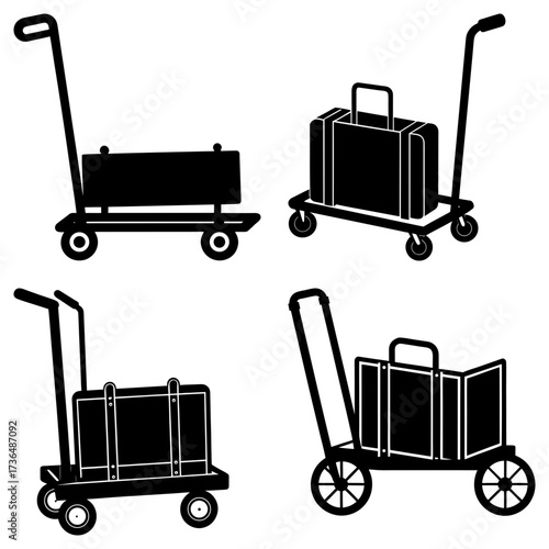 Illustration of four luggage carts with suitcases and boxes in a black and white design style