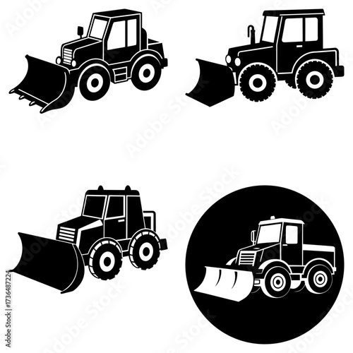 Illustration showing four black and white cartoon bulldozer vehicles in various orientations and styles