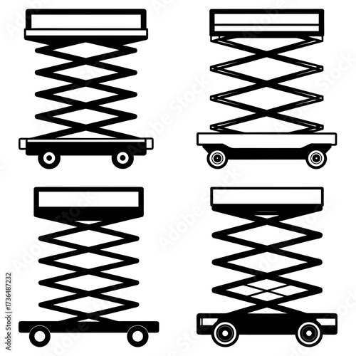 Four illustrations of scissor lifts with platforms and wheels in black and white outline style showing mechanism