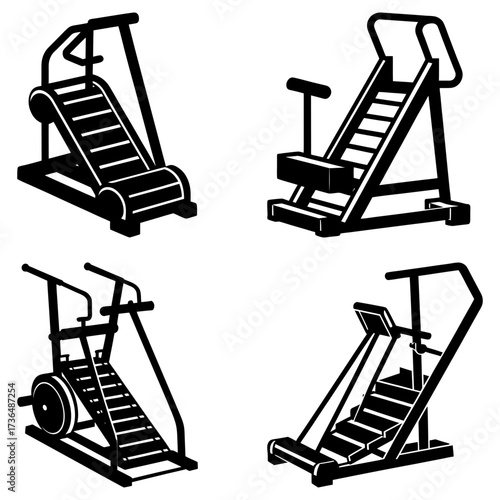 Four black and white illustrations of stair climber exercise machines in a grid arrangement