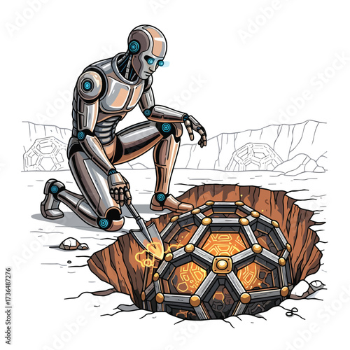Humanoid Archaeologist Robot Discovering Futuristic Artifact