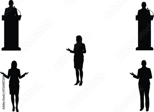 PrintSilhouette of woman speaker at podium, professional public speaking, business presentation, leadership communication, conference debate, keynote training, corporate seminar