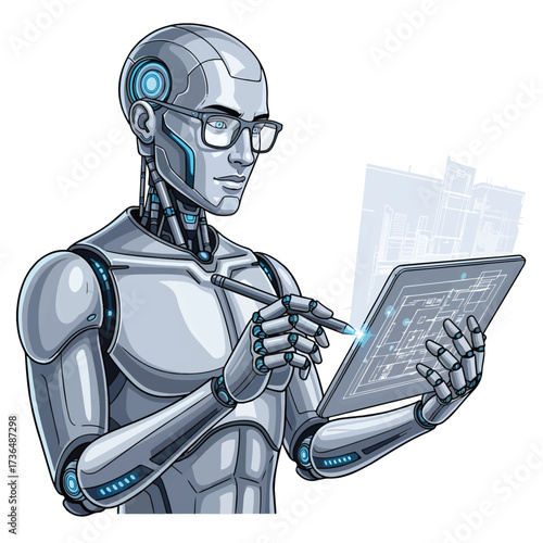 Humanoid Architect Robot Designing Futuristic Building