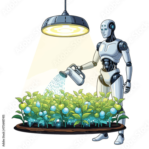Humanoid Farming Robot Watering Futuristic Crops