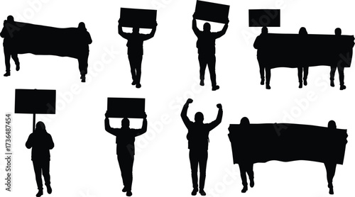 PrintSilhouette people holding protest signs, blank banners, demonstration group, activism silhouettes, strike rally, political protest, freedom expression, social justice awareness