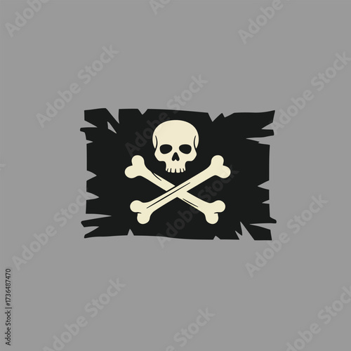 Distressed Black Jolly Roger Pirate Flag Vector Graphic Design Featuring Classic Skull and Crossbones for Halloween Celebrations