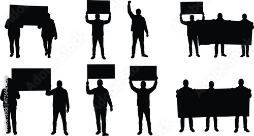 PrintSilhouette people protesting with blank banners, holding signs, activist group rally, political demonstration, social justice movement, human rights awareness, strike