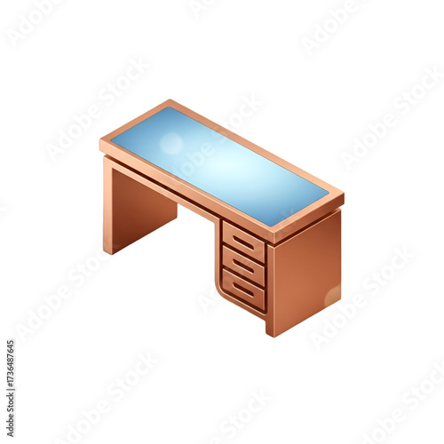 3d isometric view of a modern wooden desk with a glass top and drawers, isolated on transparent background