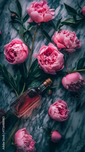 Pink peonies, green leaves, and small glass bottles arranged on a grey marble surface