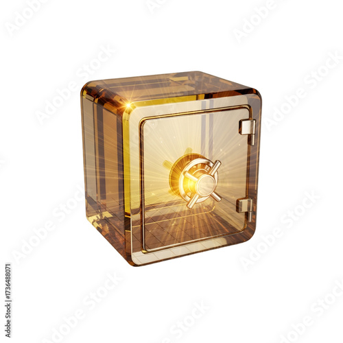 Golden transparent safe isolated on transparent background with light rays emanating from the dial