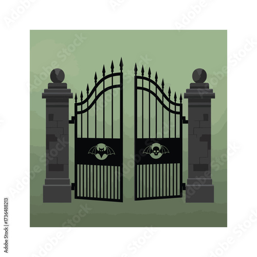 Haunted spooky Halloween cemetery entrance gate with wrought iron design and ominous decorations for a ghostly welcome