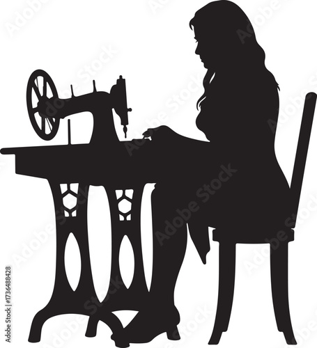 Woman silhouette sewing on vintage sewing machine vector