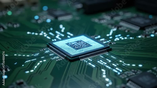 Glowing CPU Chip on Circuit Board - A close-up shot of a computer CPU chip, lit with a futuristic blue glow. The chip sits on a green circuit board with intricate pathways.
