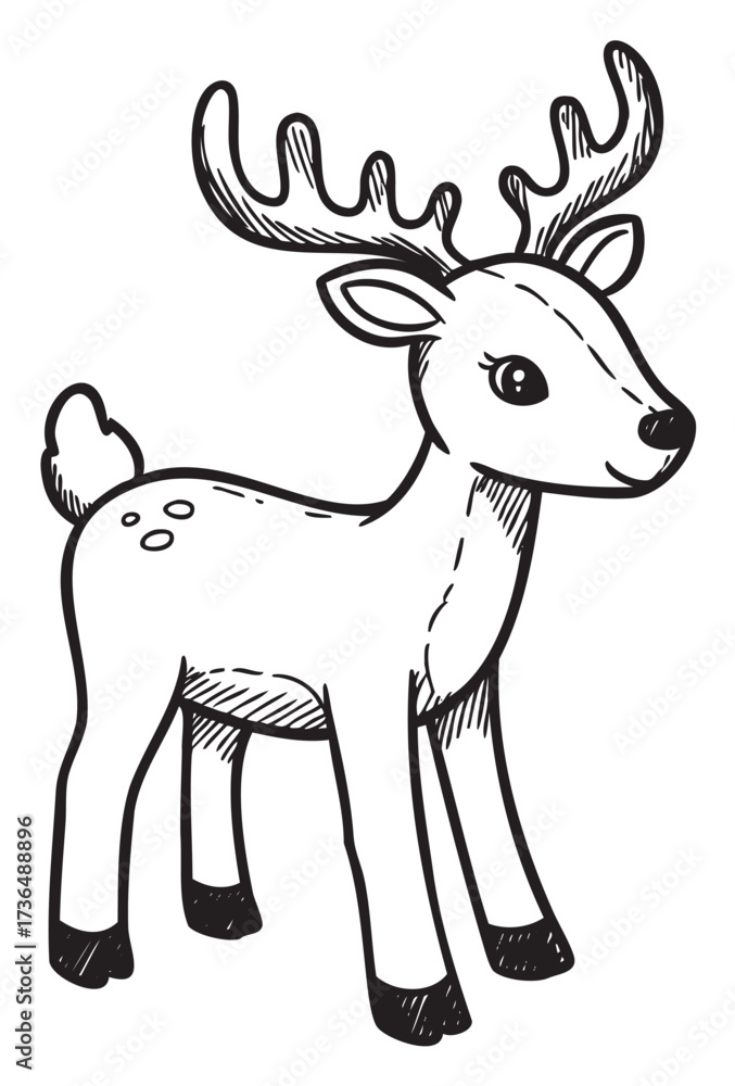 Fototapeta premium Cute cartoon deer with antlers in black and white line art drawing – retro hand drawn illustration