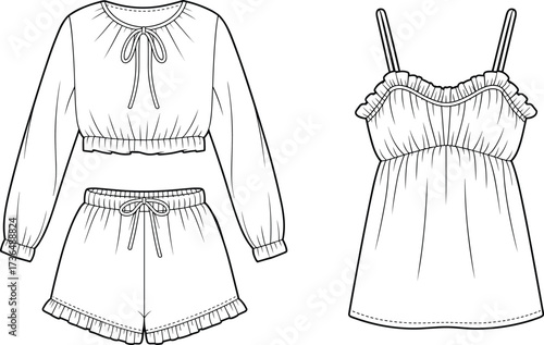 Women’s fashion technical sketch, crop top with bow tie, ruffled shorts, spaghetti strap dress, nightwear design, garment illustration, clothing pattern