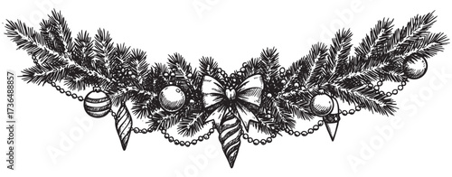 Festive pine garland with ornaments and bow in detailed black and white illustration – retro hand drawn illustration