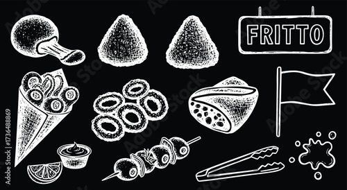 Chalkboard. Italian Street Food. "Fritto". A hand drawn chalk vector set of fried food like arancini and calamari for a restaurant menu, a food truck's branding, or a festival poster.