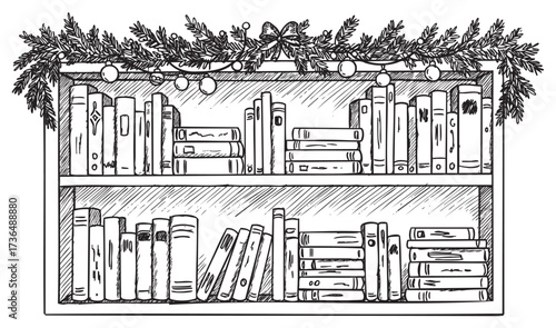 Festive bookshelf with garland and string lights in classic black and white drawing – retro hand drawn illustration