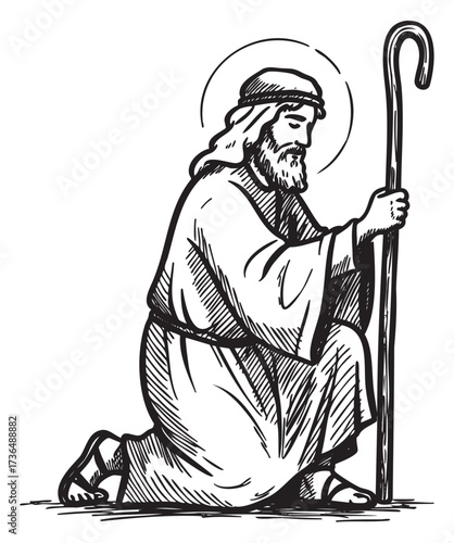 Illustration of a kneeling bearded male shepherd holding a staff with halo – retro hand drawn illustration