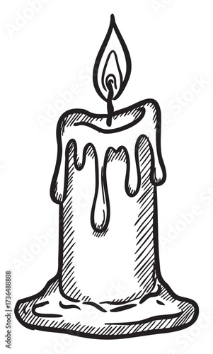Hand-drawn melting candle with dripping wax and burning flame – retro hand drawn illustration