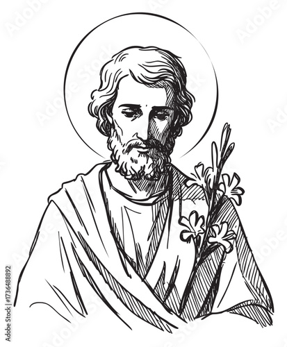 Saint joseph line art with halo and lilies – retro hand drawn illustration