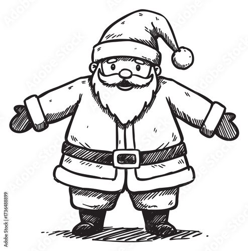 Black and white sketch of jolly santa claus in traditional outfit – retro hand drawn illustration