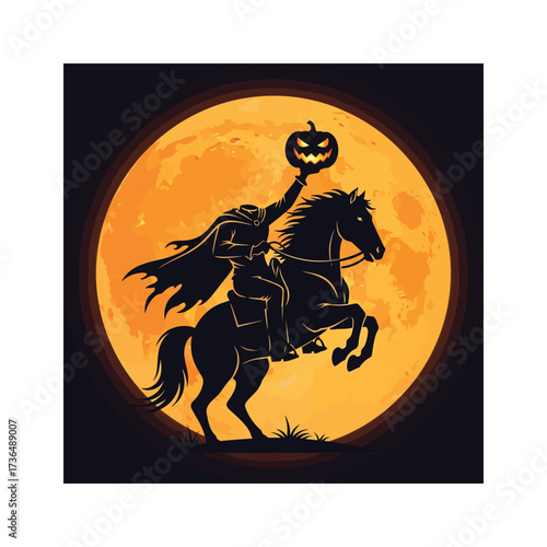 Spooky Headless Horseman silhouette riding a majestic horse under an ominous full moon, holding a glowing Halloween pumpkin