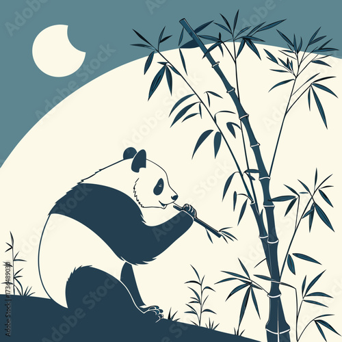 Panda eating bamboo under the moonlight with bamboo trees illustration