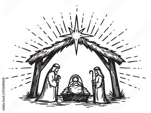 Nativity scene with baby jesus, mary, joseph, and star in antique style – retro hand drawn illustration