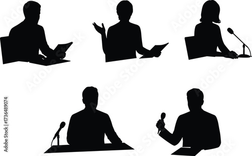 PrintSilhouettes of people speaking at podium, giving presentation, business meeting, public speech, debate, leadership discussion, conference communication, professional event