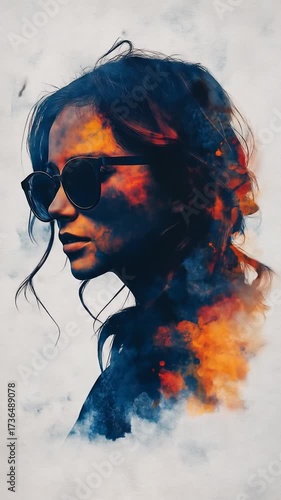 Profile of a woman wearing sunglasses, a blend of watercolor-like hues and smoke