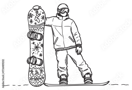 Male snowboarder in winter gear with decorated snowboard line art illustration – retro hand drawn illustration