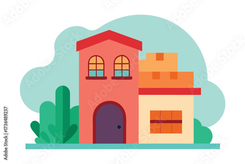 Illustration of a TwoStory House with Boxes, Greenery, and Light Blue Backdrop