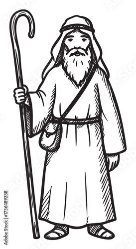 Illustration of a biblical shepherd holding a staff – retro hand drawn illustration