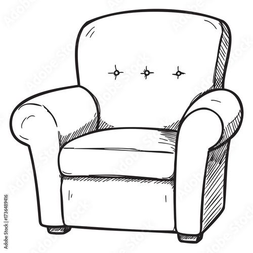 Sketch of a comfortable armchair with button tufted backrest and rolled arms – retro hand drawn illustration