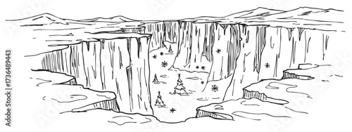 Grand canyon winter scene with snowflakes and pine trees in a deep gorge – retro hand drawn illustration