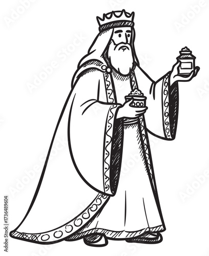 Illustrated wise king holding gifts in royal robe and crown – retro hand drawn illustration
